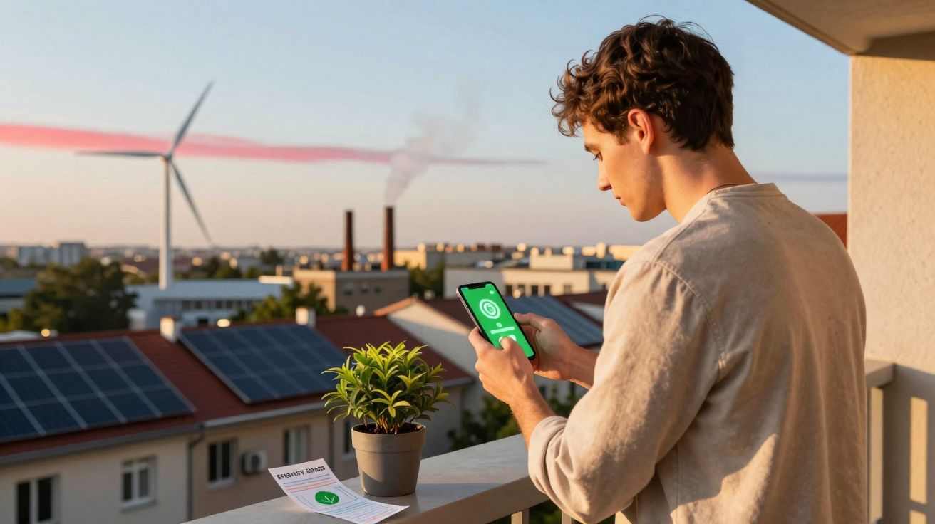 Jovem numa varanda usa telemóvel com painel solar e turbina eólica ao fundo ao pôr do sol.