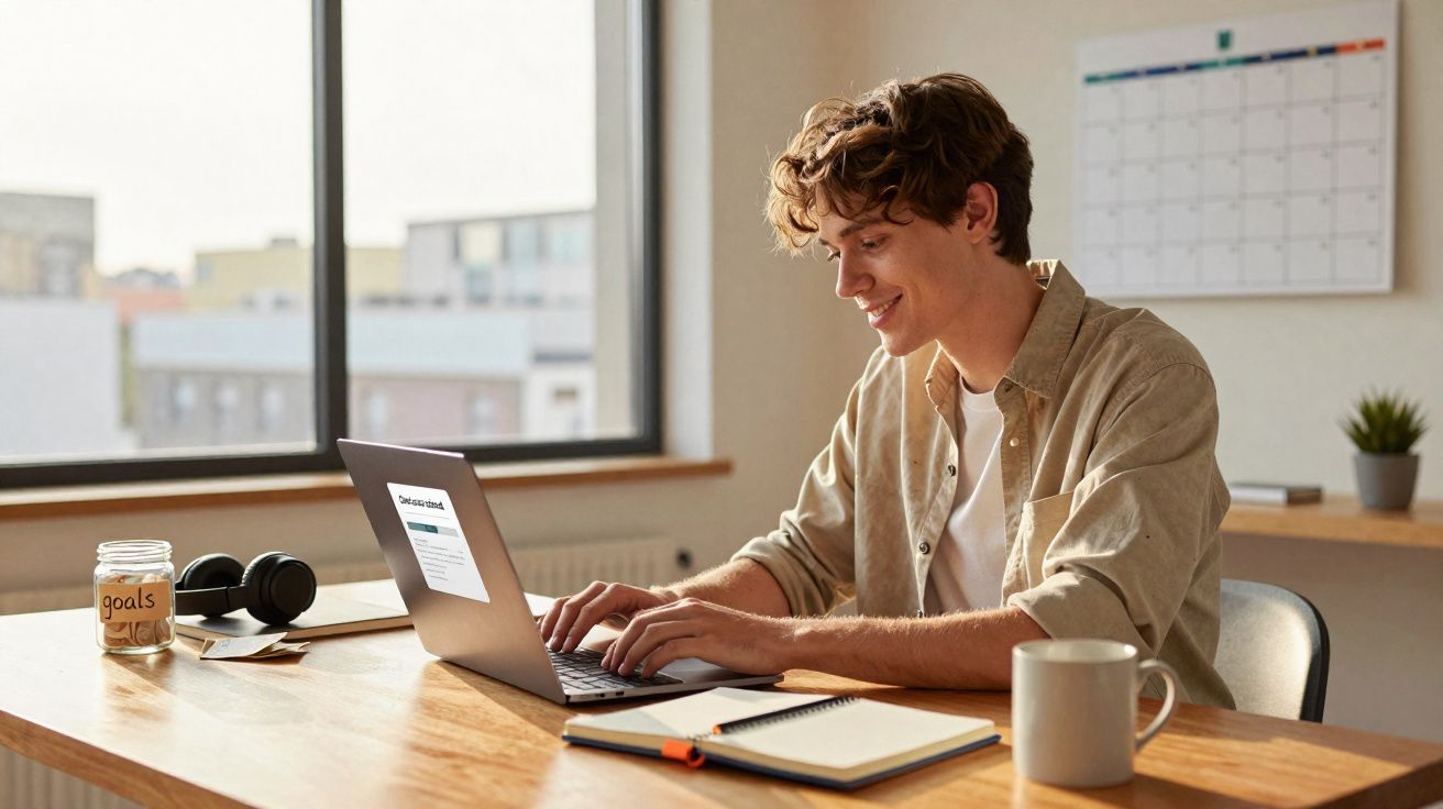 Homem jovem a trabalhar num portátil numa mesa com caderno, caneca e frasco com etiqueta "goals".