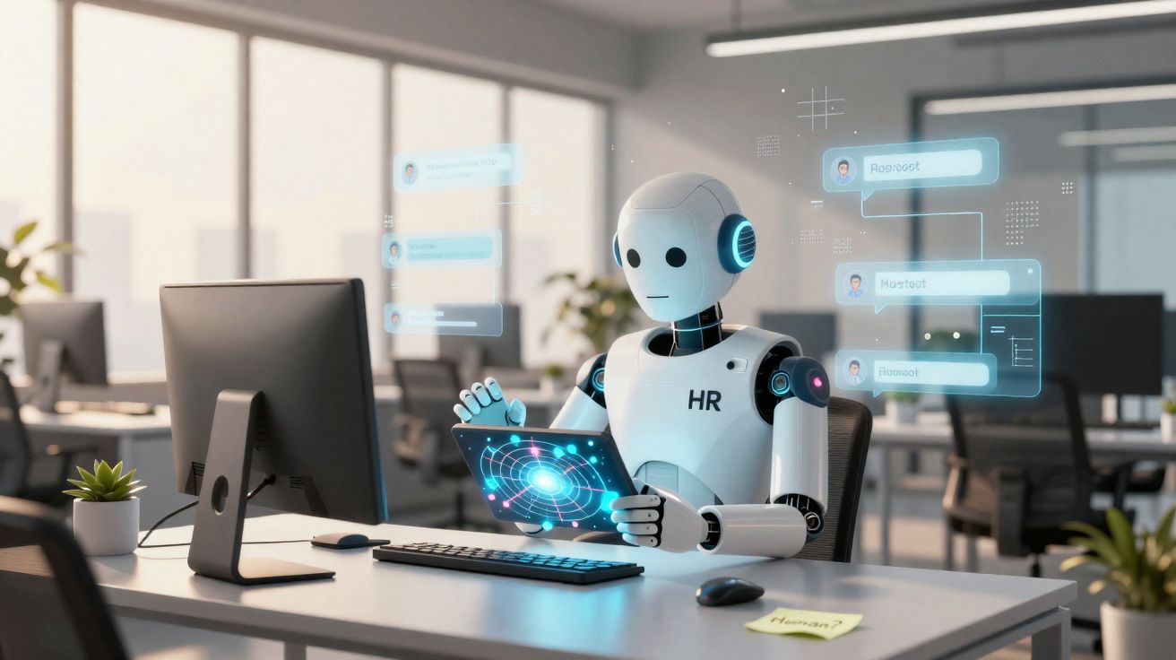 Robô com inscrição HR trabalha num escritório moderno com hologramas digitais a partilhar informações.