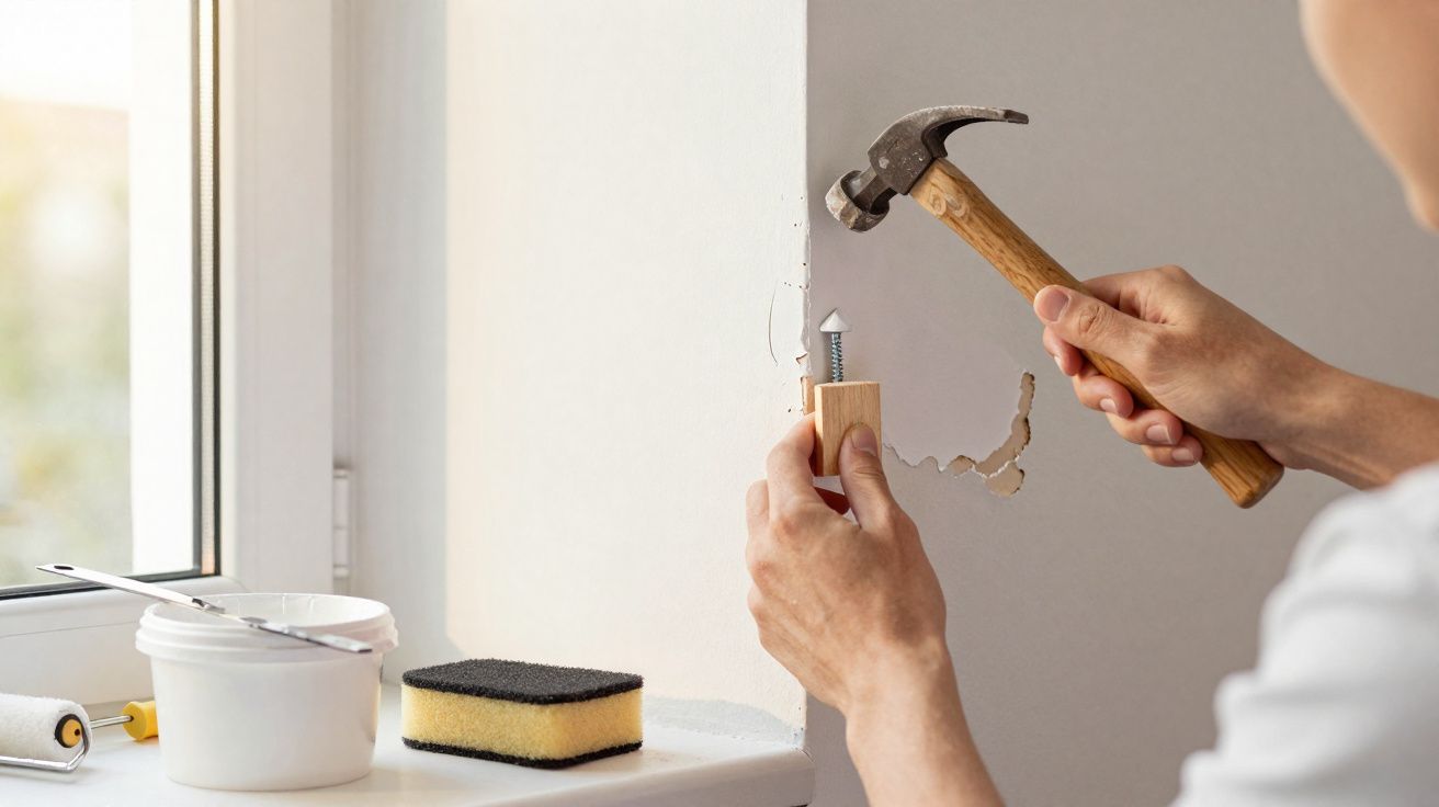 Pessoa a usar martelo para fixar um parafuso em madeira junto a uma parede danificada e janela.