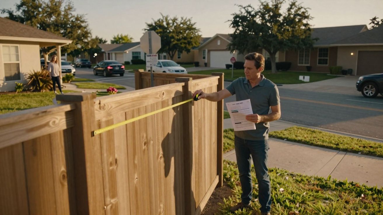Homem a medir o comprimento de uma vedação de madeira num bairro residencial durante o dia.