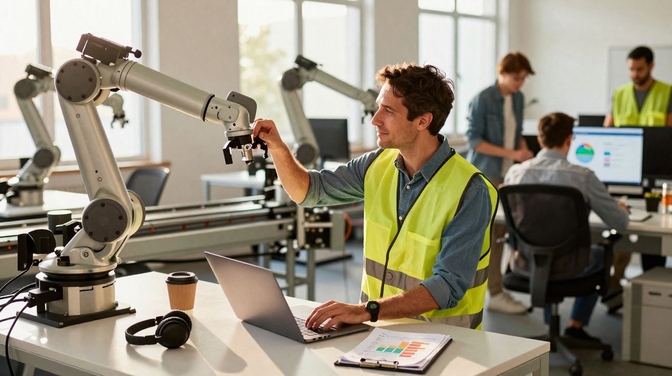 Homem com colete reflectivo a trabalhar num braço robótico numa sala de laboratório com outras pessoas ao fundo.