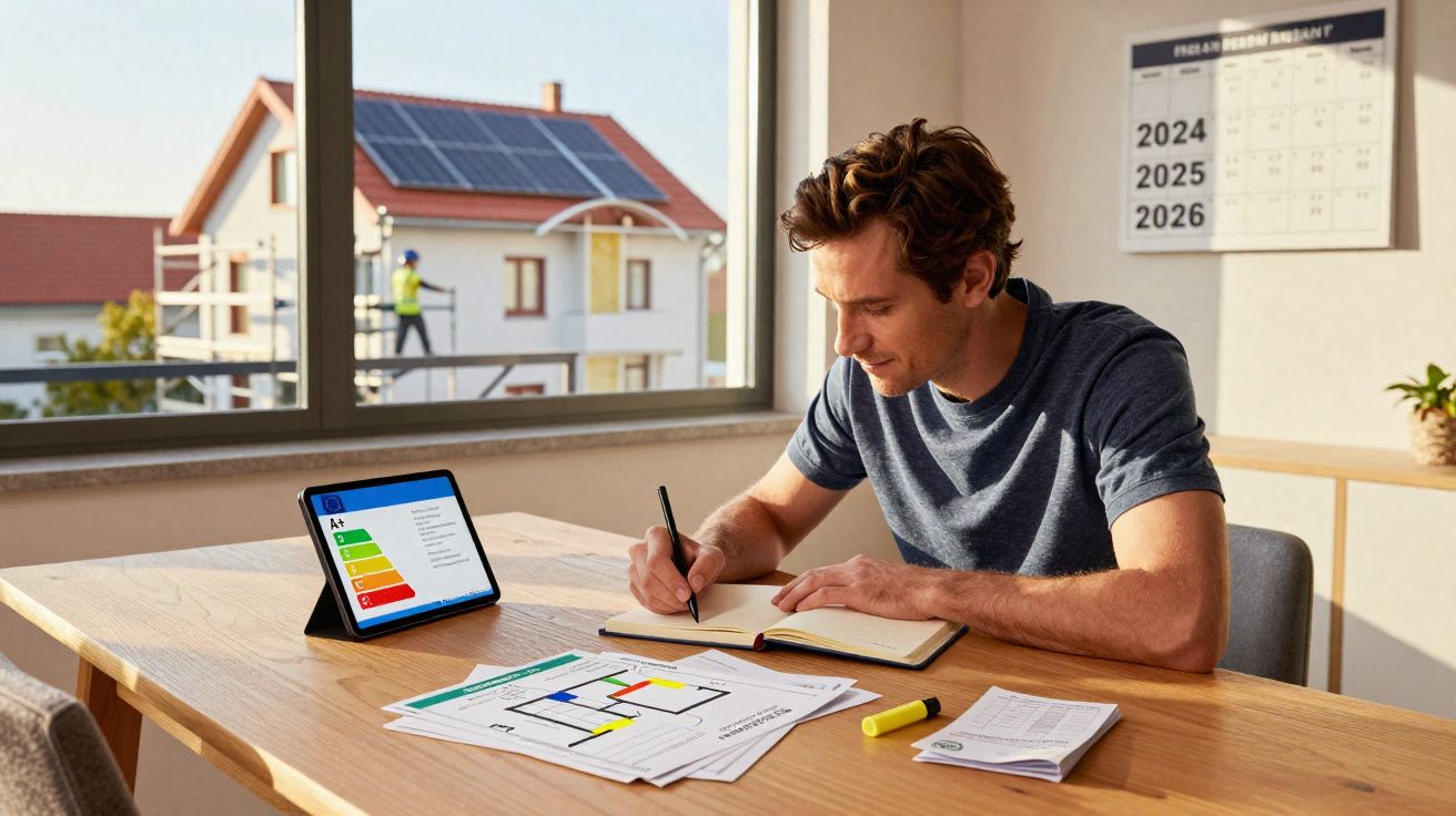 Homem a trabalhar em escritório com diagramas e tablet, casa com painéis solares ao fundo.