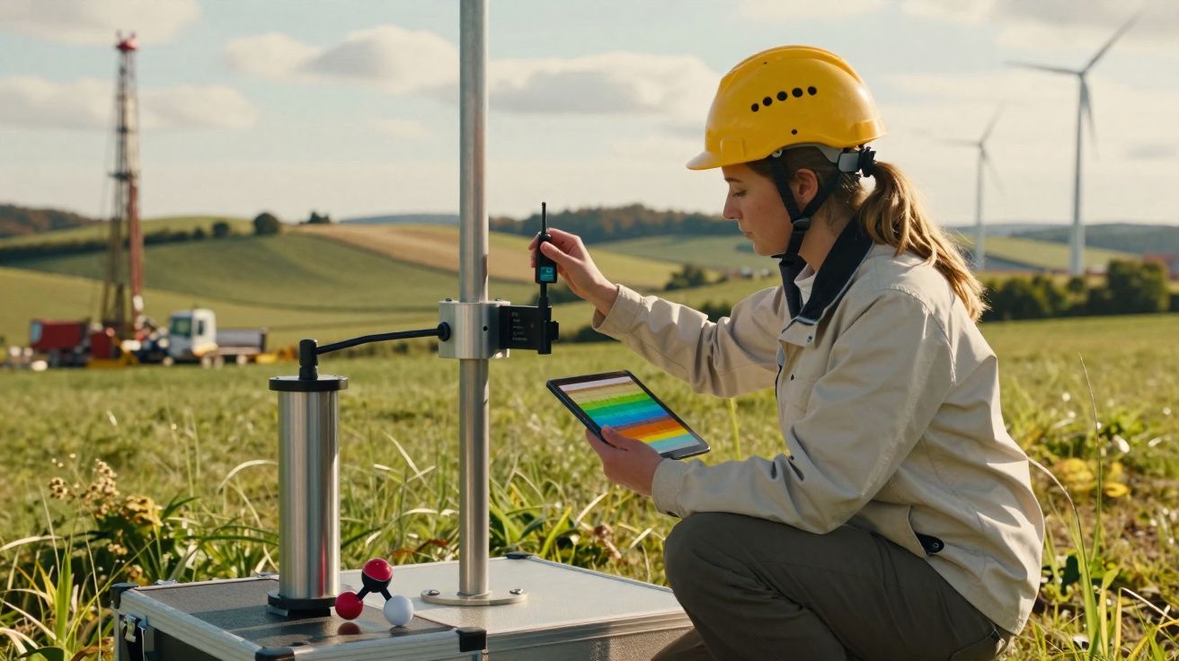 Mulher com capacete amarelo a usar equipamento de medição num campo com turbinas eólicas ao fundo.