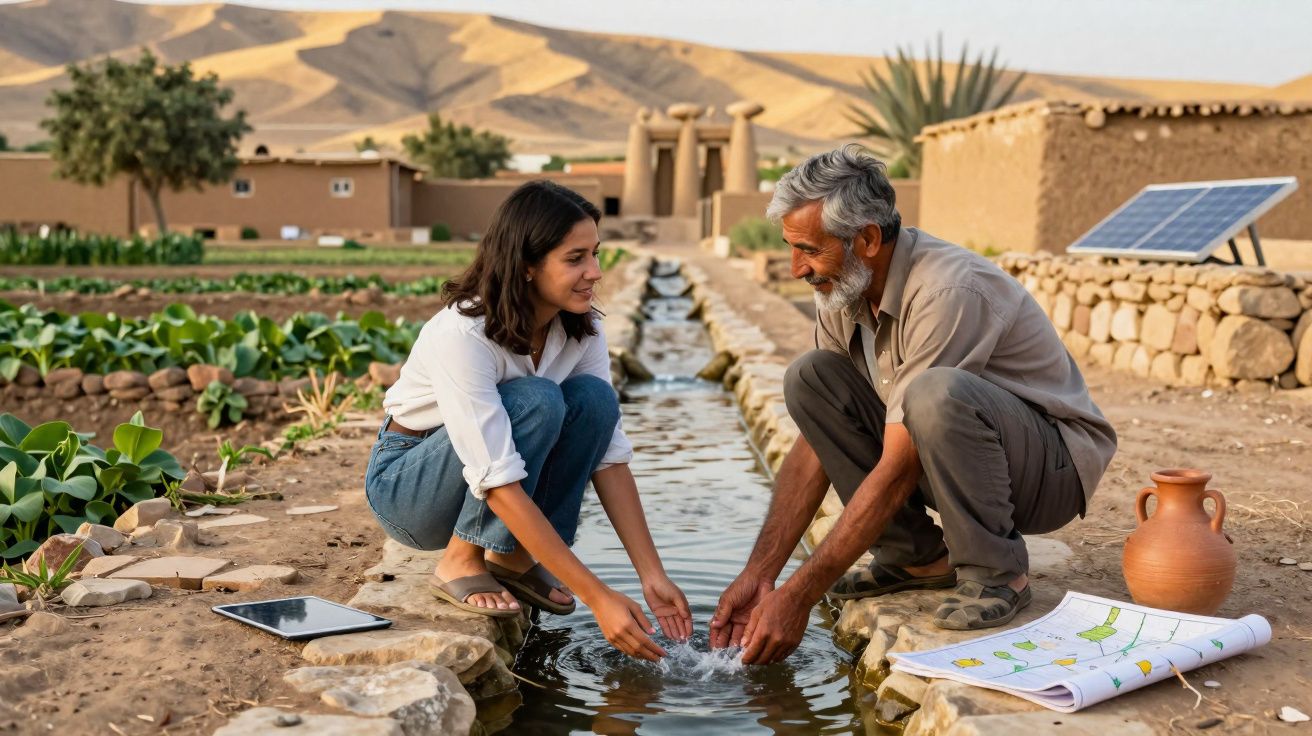 Homem e mulher mexem na água de um canal de irrigação numa quinta rural com montanhas ao fundo.