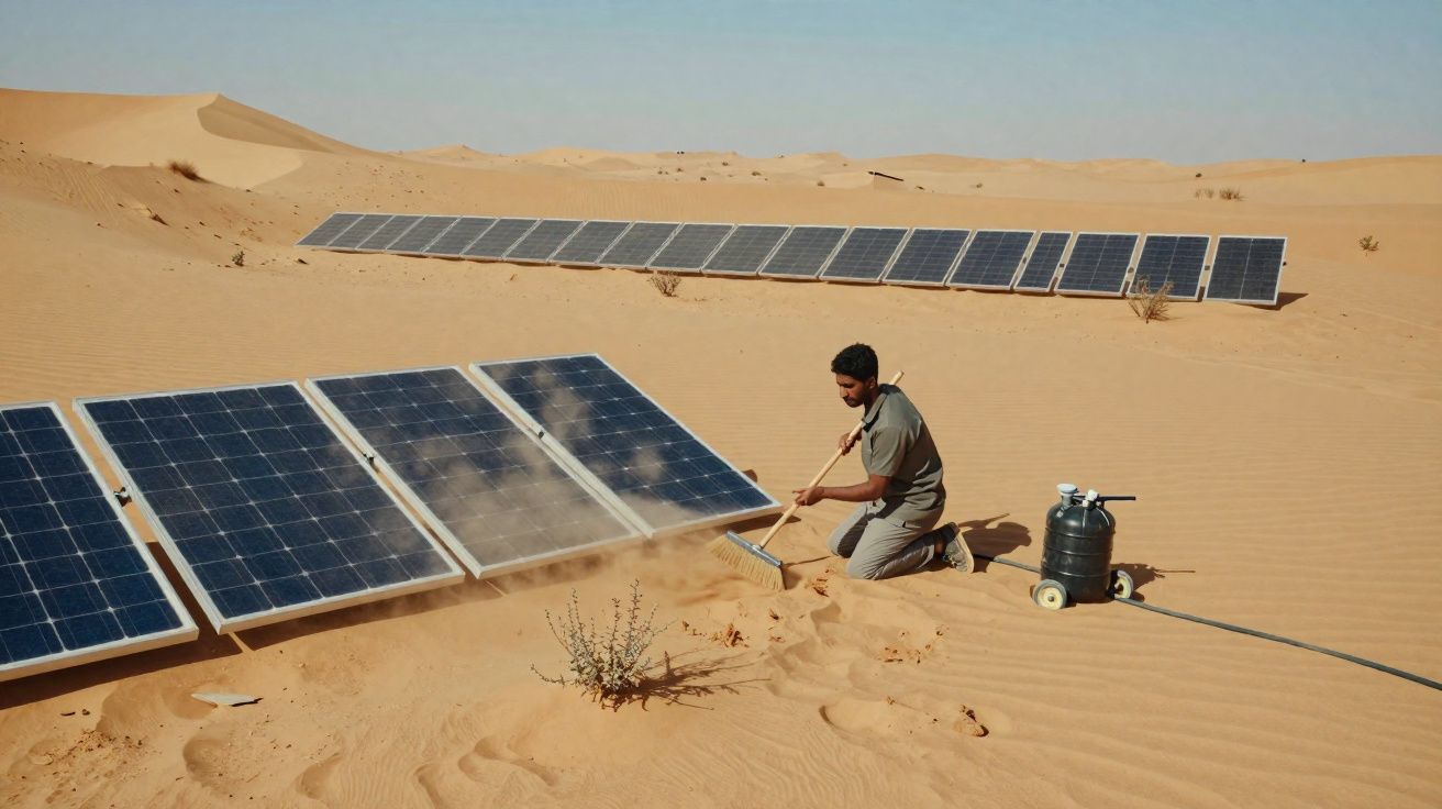 Homem a limpar painéis solares instalados num deserto com areia e dunas ao fundo.