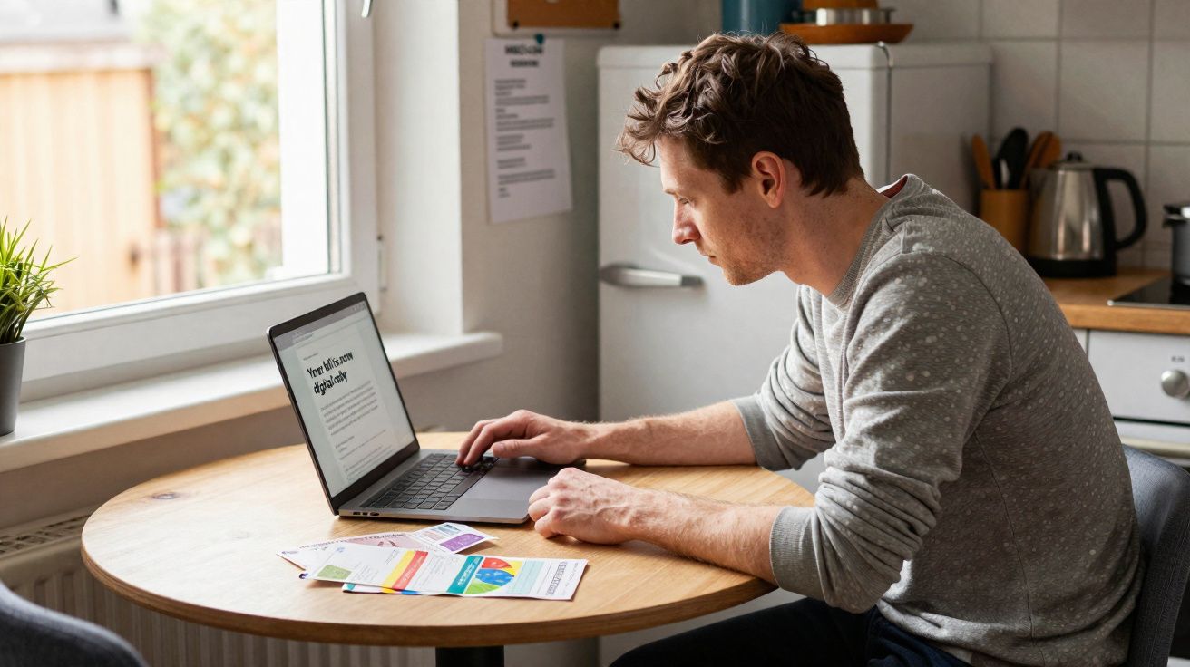 Homem a trabalhar num portátil numa mesa redonda numa cozinha, com papéis coloridos à frente.