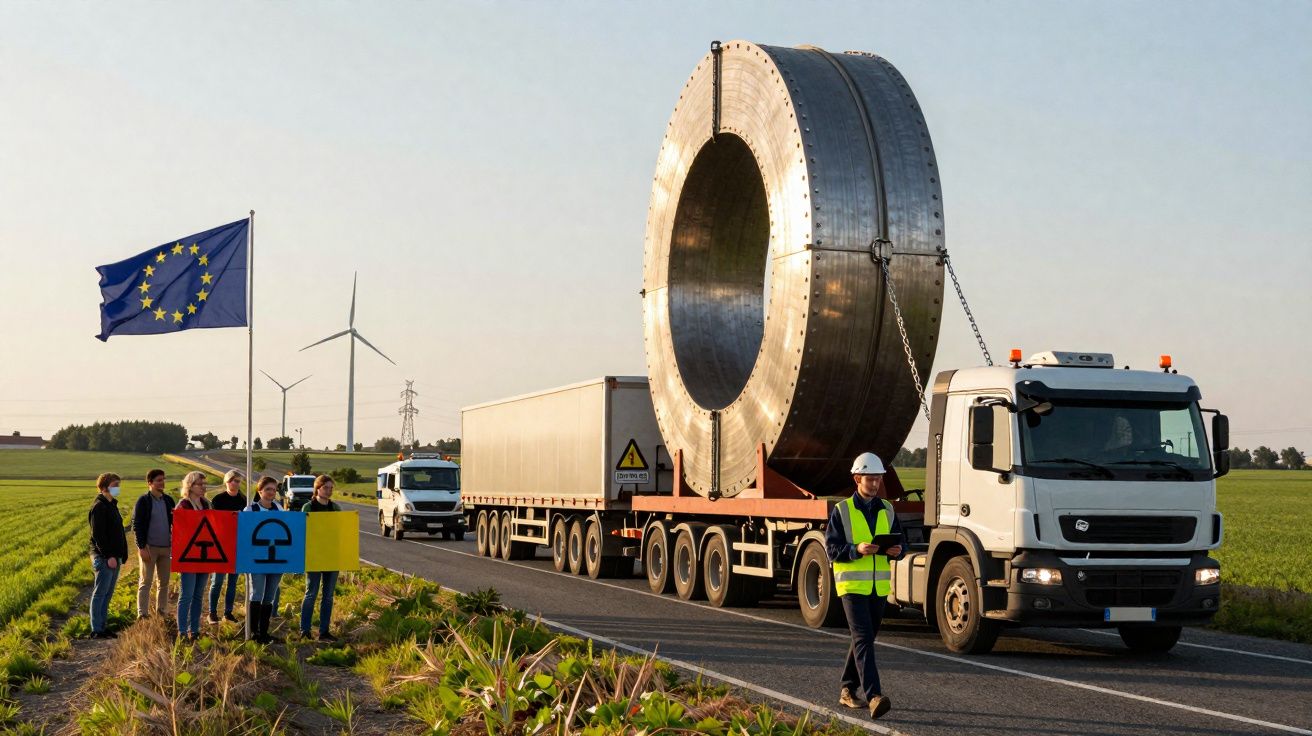 Protesto contra energia nuclear com grupo a segurar bandeira da UE e símbolos, perto de camião com carga metálica grande.