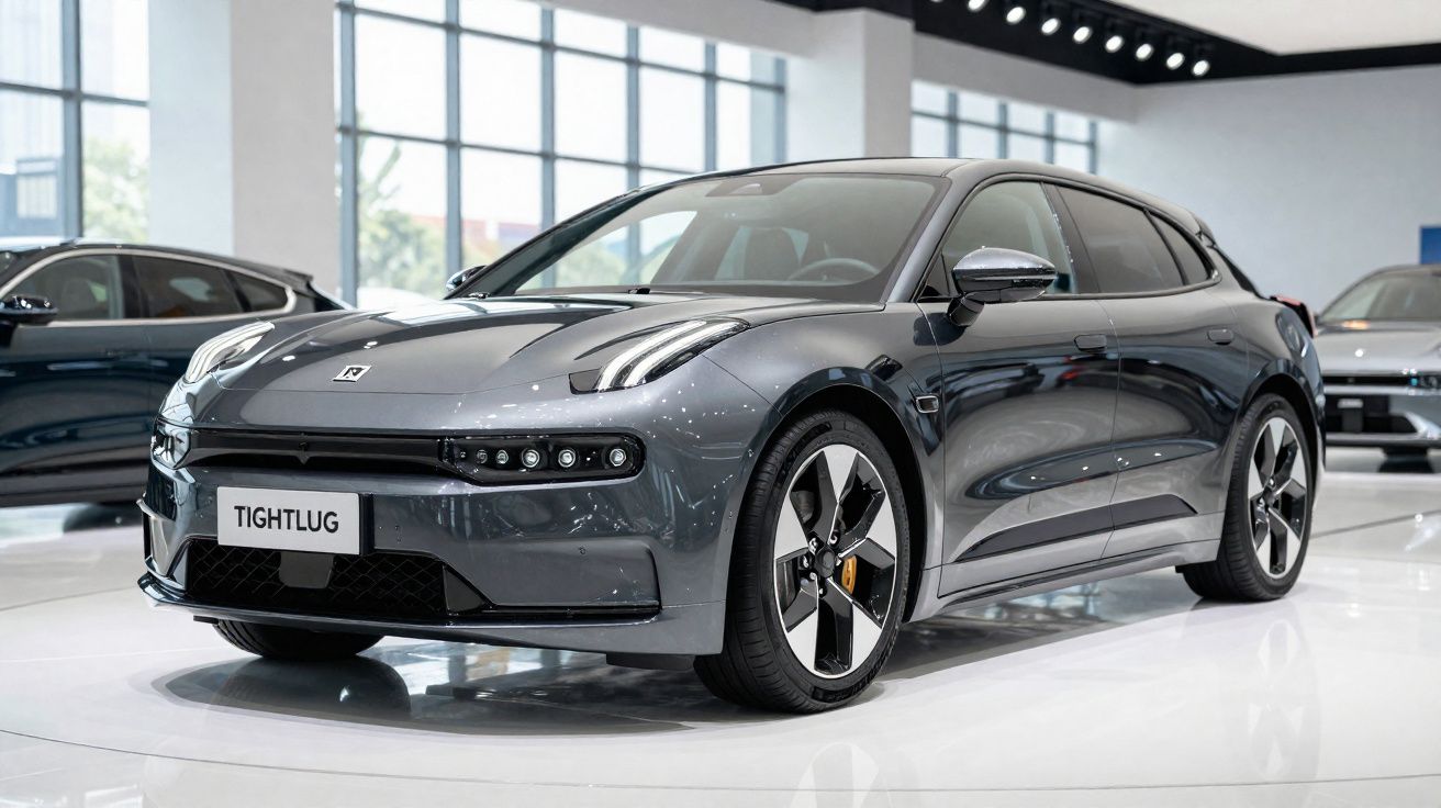 Carro elétrico cinzento com design moderno exposto em salão automóvel iluminado.