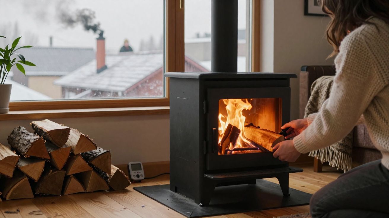 Pessoa a colocar lenha numa lareira a pellets numa sala com janelas para casas com chaminés fumegantes.