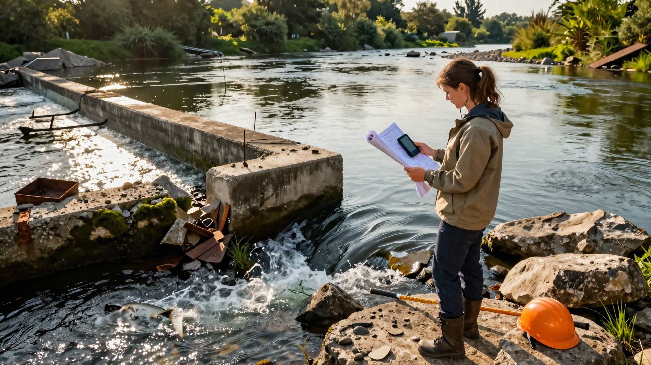 Pessoa a analisar dados numa estação de monitorização de água junto a um rio com vegetação e pedras.