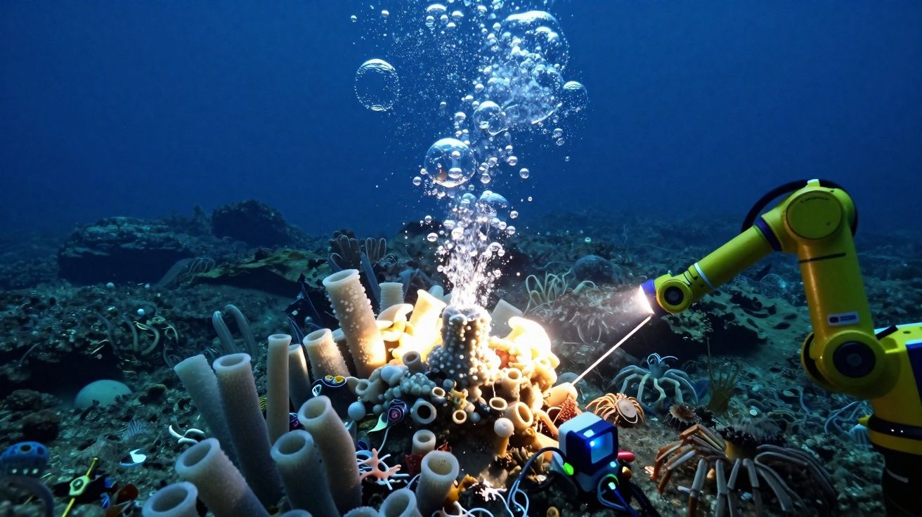 Robô subaquático iluminando corais no fundo do mar, com bolhas de ar a subir à superfície.
