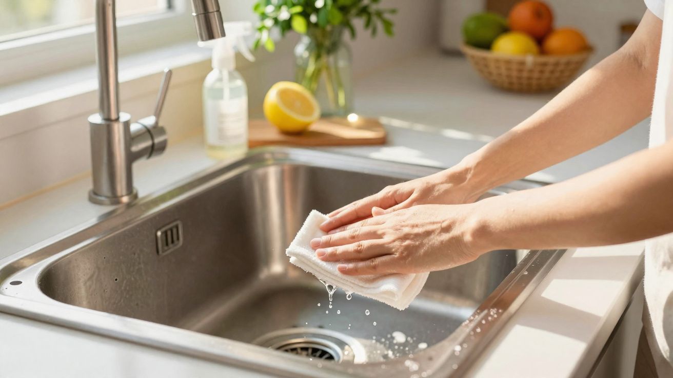 Pessoa a limpar uma pia de cozinha de aço inoxidável com uma esponja branca.