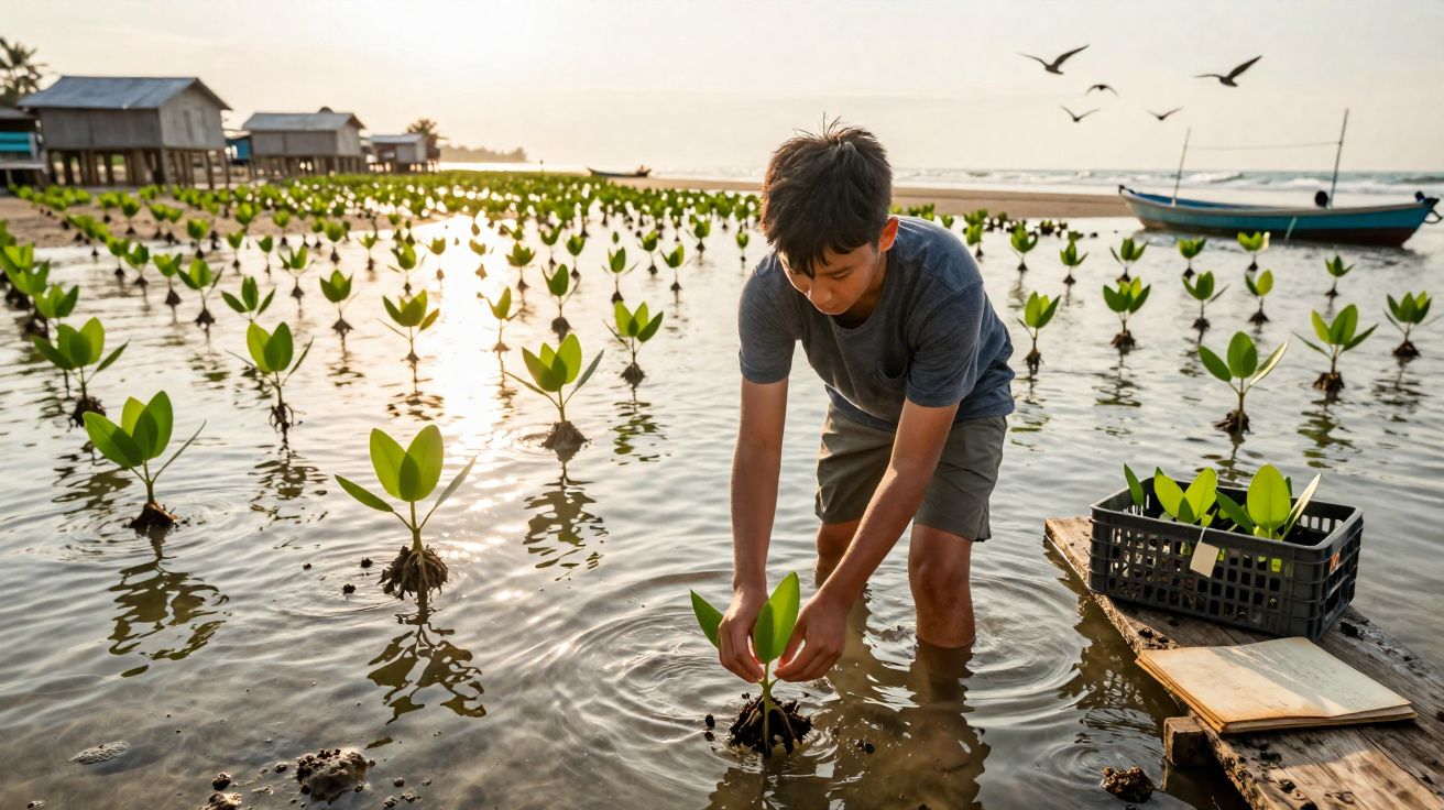Rapaz a plantar pequenas mangueiras na água junto a casas e barco ao pôr do sol.