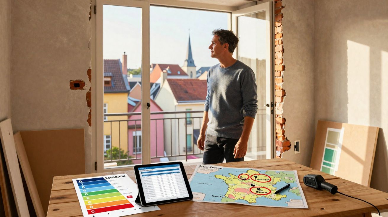 Homem de pé junto a janela aberta, observando bairro, com mesa contendo mapa, gráficos e tablet numa sala em remodelação.