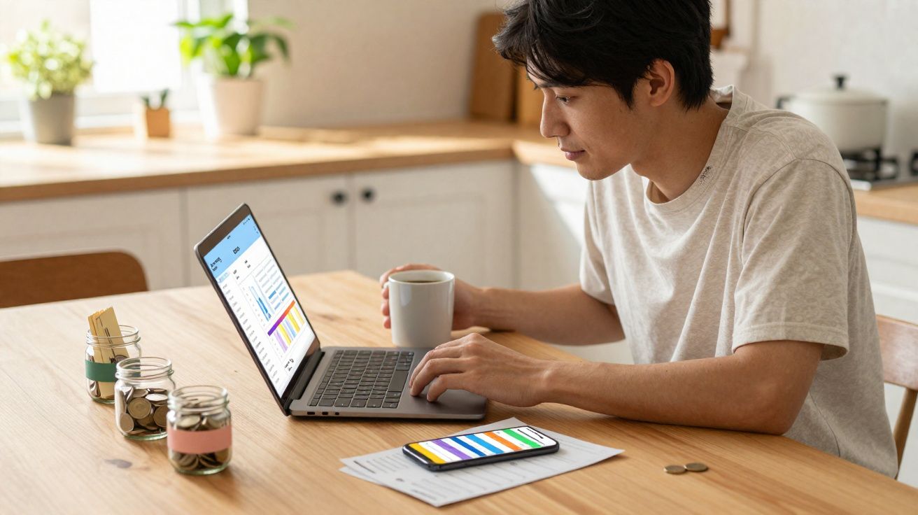 Pessoa sentada à mesa a usar computador portátil, com telemóvel, moedas em frascos e chávena à frente.