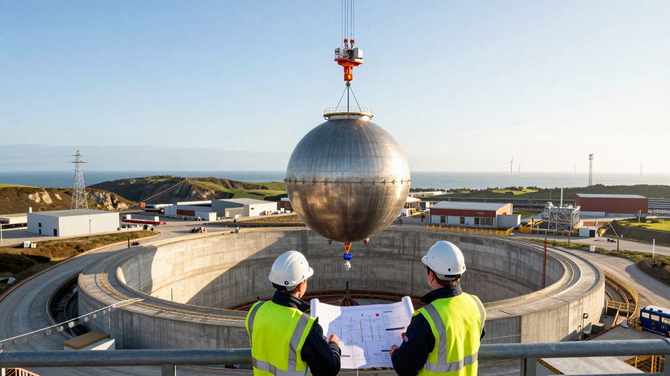 Dois engenheiros com capacete vêem esfera metálica suspensa por guindaste em instalação industrial circular.