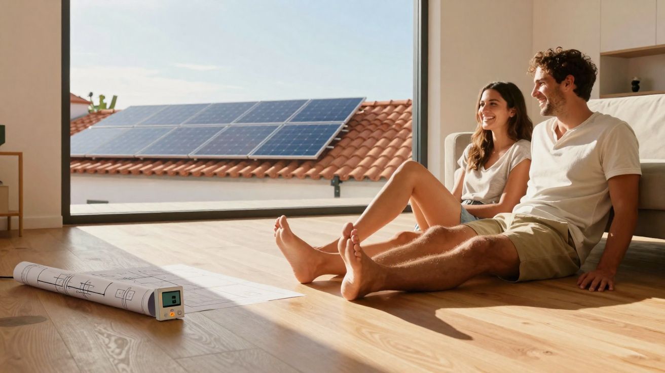 Casal jovem sentado no chão de uma sala com janela grande, com painéis solares visíveis no telhado exterior.