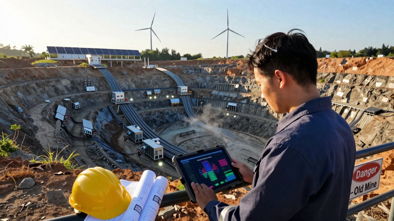 Homem com tablet a analisar mina aberta com turbinas e painéis solares ao fundo, capacete e plantas visíveis.