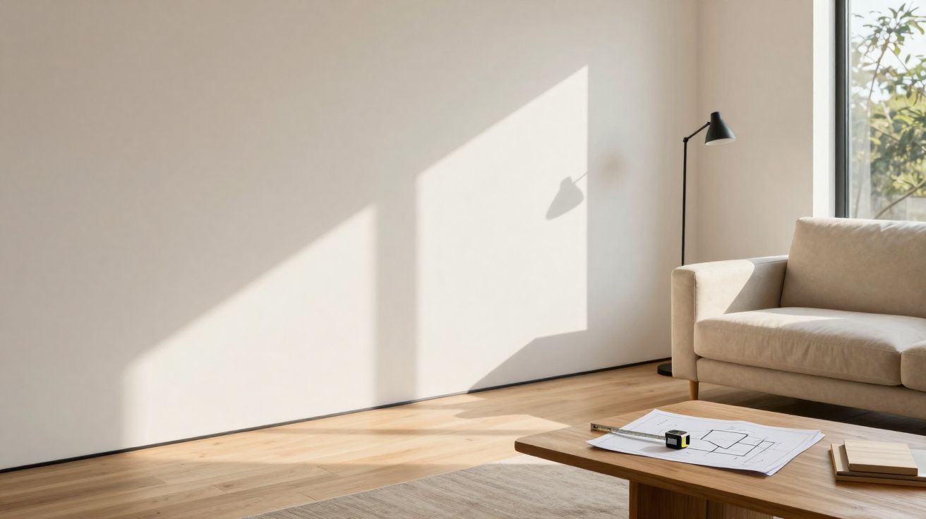 Sala de estar minimalista com sofá bege, candeeiro de pé e mesa baixa com plantas e plantas ao sol.