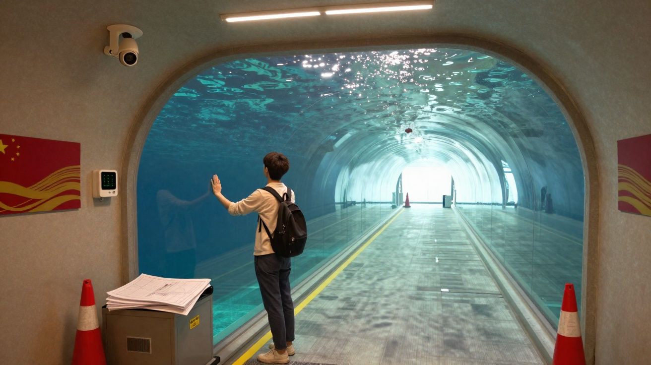 Pessoa toca no vidro de túnel subaquático em aquário moderno com sinalização e cones laranja nas laterais.