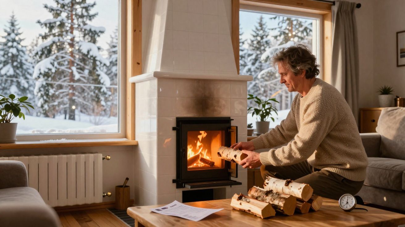 Homem a colocar lenha na lareira numa sala acolhedora com neve visível pela janela.