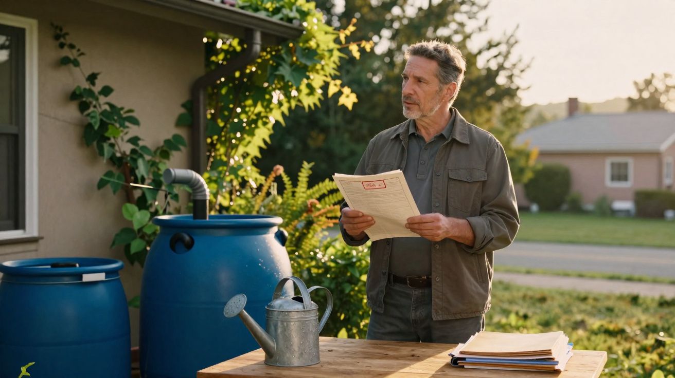 Homem de meia-idade a ler um documento na mesa ao ar livre, junto a barris azuis e regador metálico.