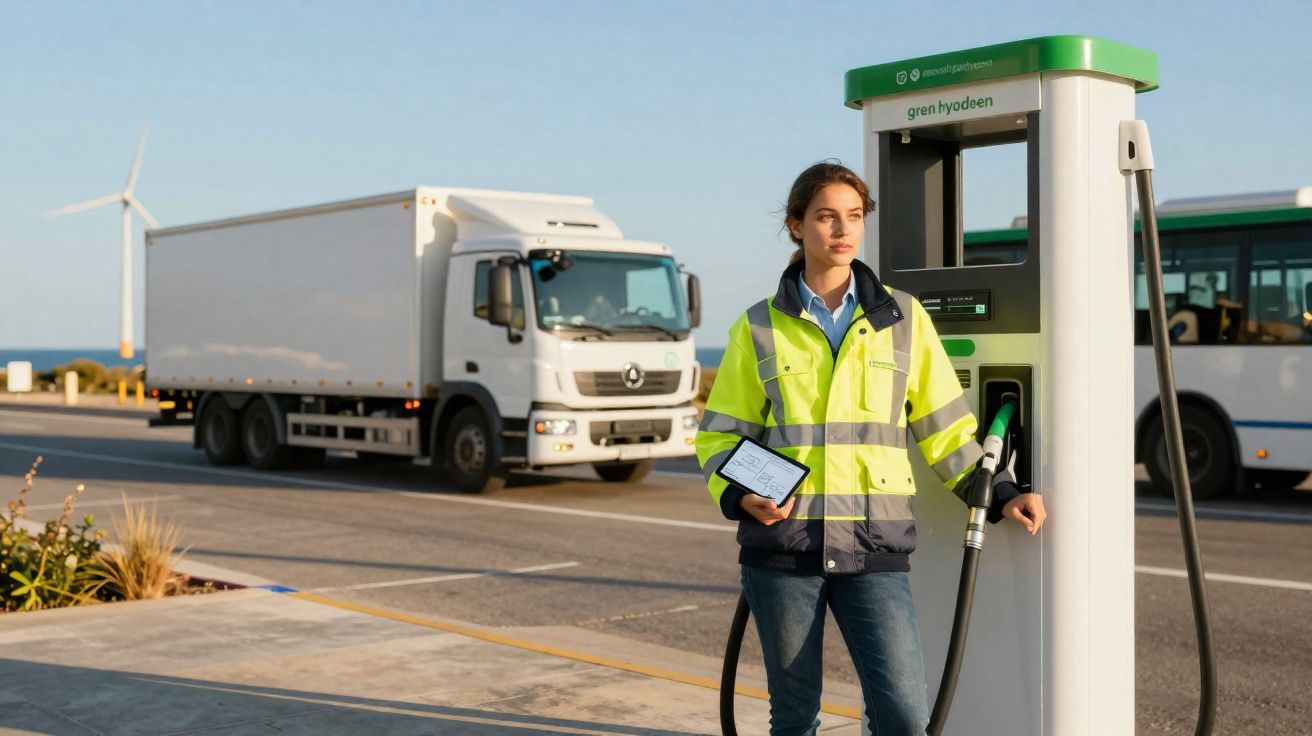 Mulher com colete refletor numa estação de abastecimento de hidrogénio com camião e turbina eólica ao fundo.