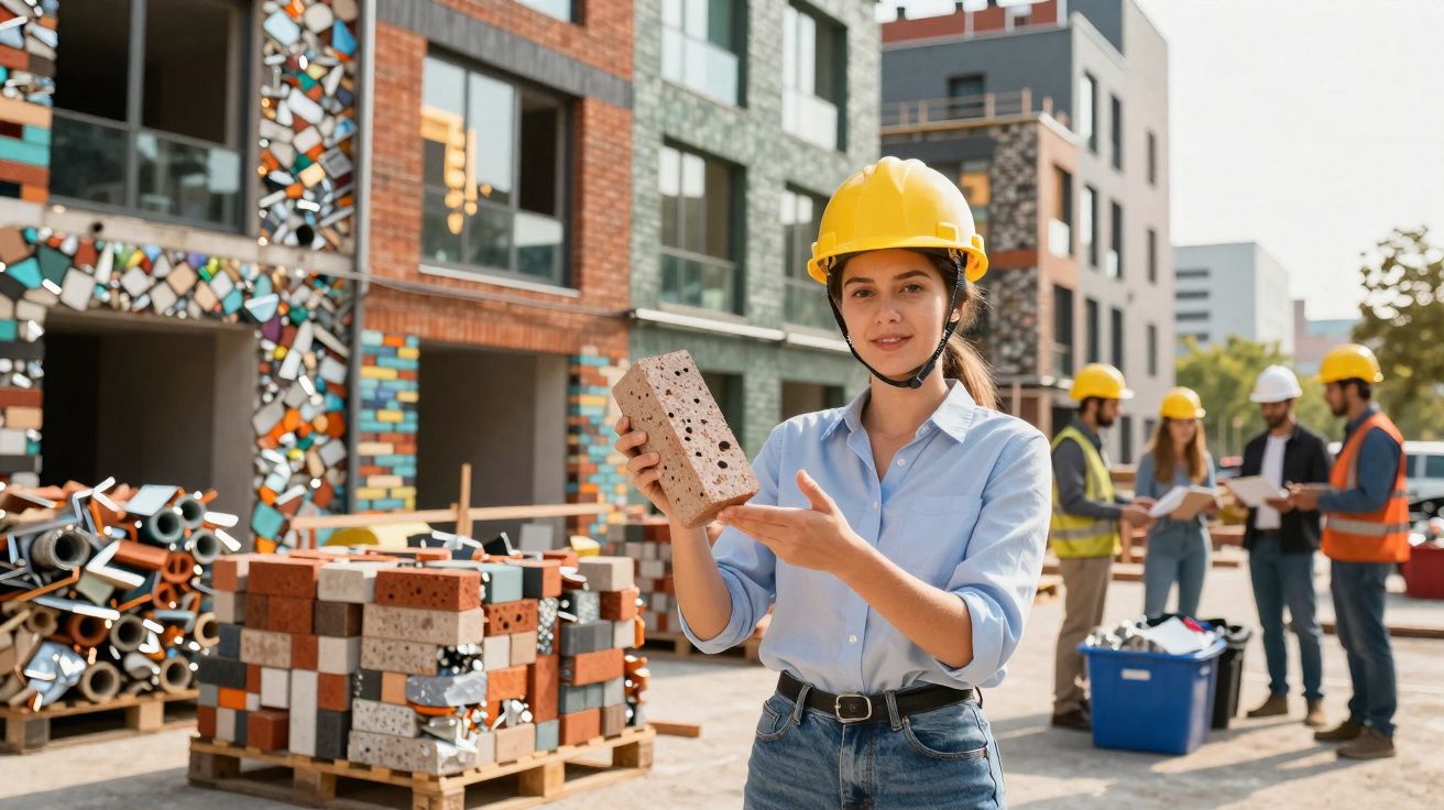 Mulher com capacete amarelo segura tijolo numa obra, enquanto quatro colegas conversam ao fundo.
