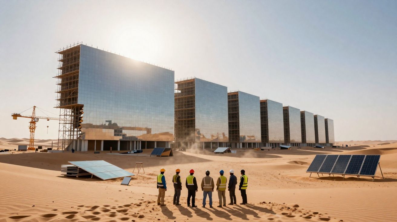 Grupo de trabalhadores observa construção de edifícios com painéis solares num deserto ensolarado.