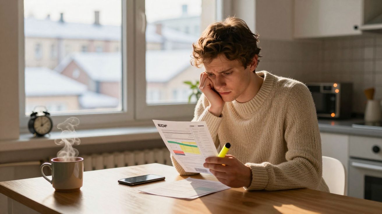 Homem jovem preocupado a analisar faturas sentado à mesa numa cozinha iluminada pela luz natural.