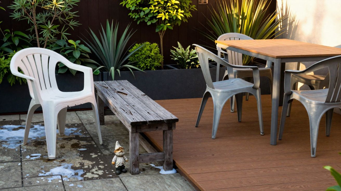 Área exterior com cadeiras de plástico e metal, banco de madeira e plantas decorativas junto a parede escura.