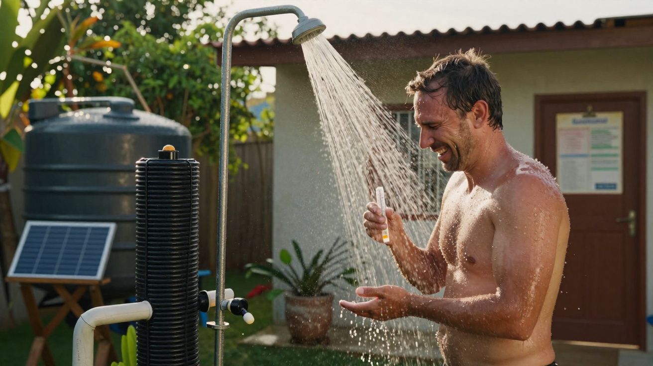 Homem a tomar duche ao ar livre num jardim com plantas e equipamentos solares ao fundo.