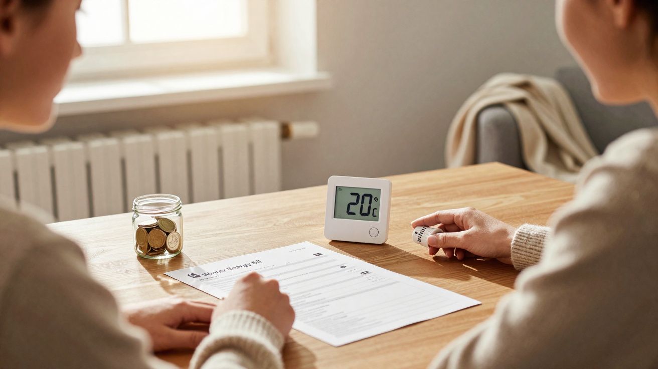 Duas pessoas analisam uma fatura de energia à mesa com jarro de moedas e termómetro digital a 20°C.