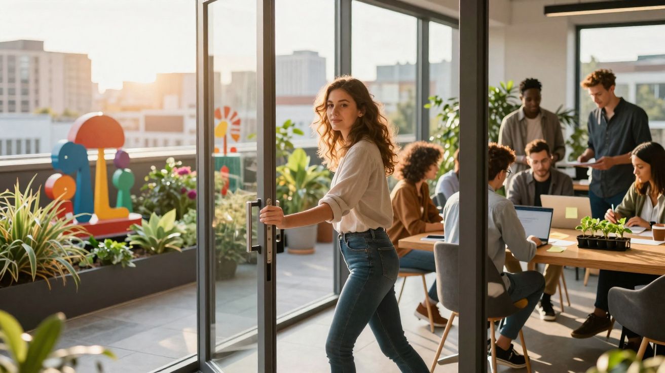 Mulher a abrir porta de vidro para terraço, com grupo de pessoas a trabalhar em escritório moderno luminoso.