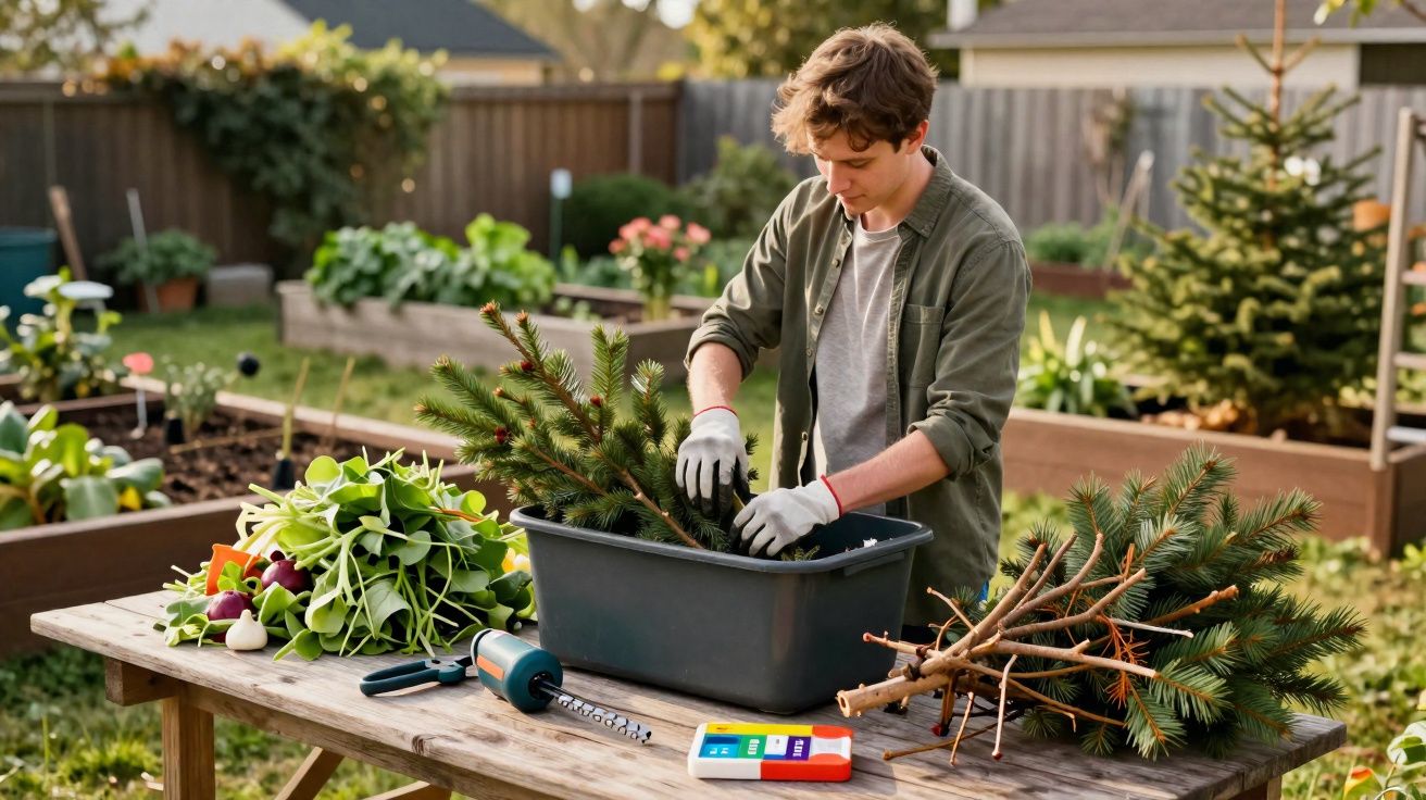 Jovem a plantar ramos de pinheiro numa bacia num jardim com várias plantas e ferramentas numa mesa de madeira.