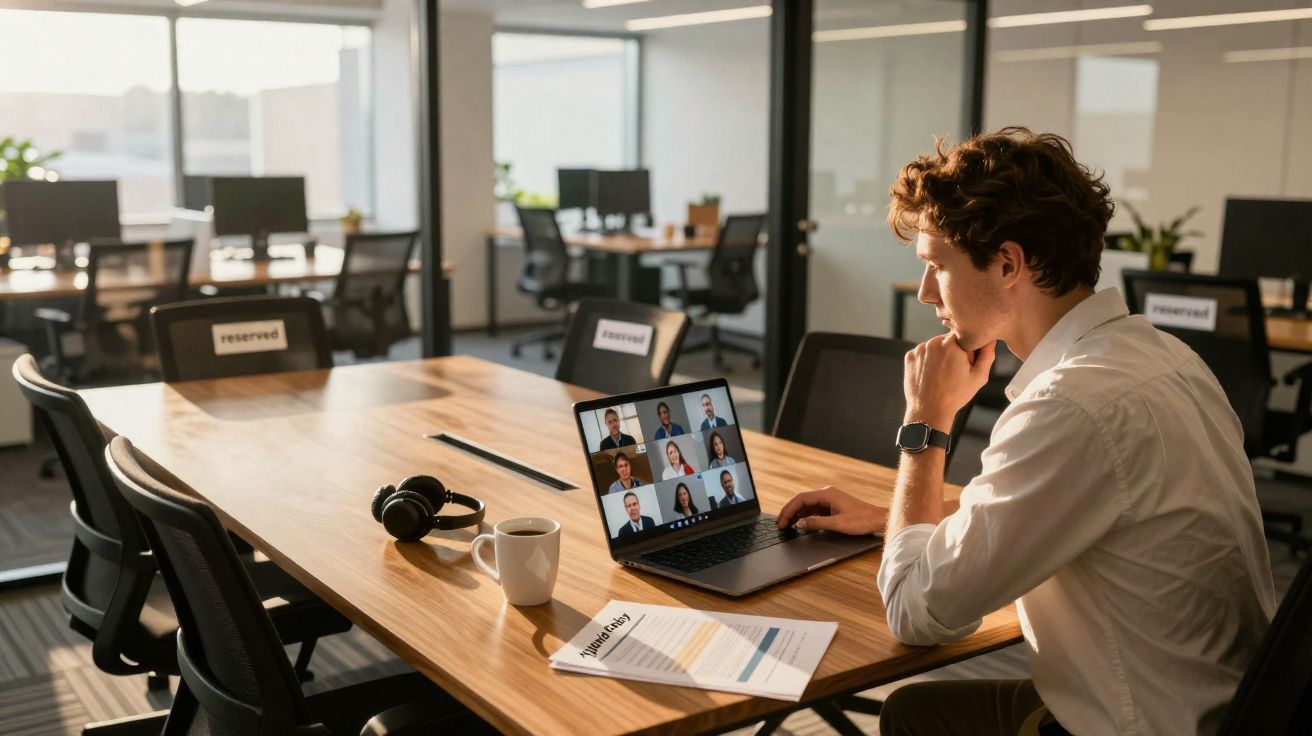 Homem numa sala de reuniões moderna a participar numa videoconferência num portátil.