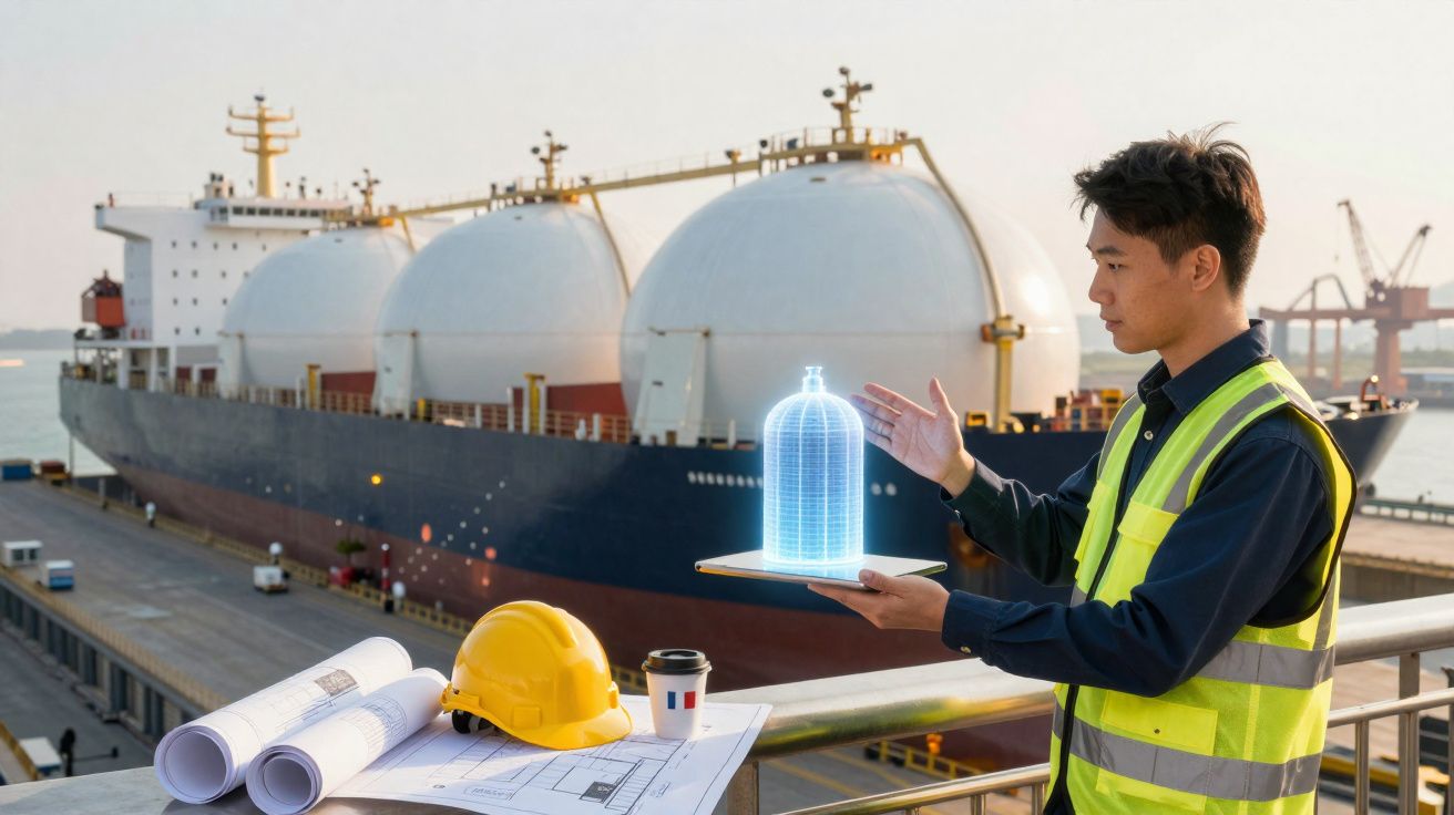 Homem com colete de segurança a analisar modelo digital de contentor de gás num porto com navio ao fundo.
