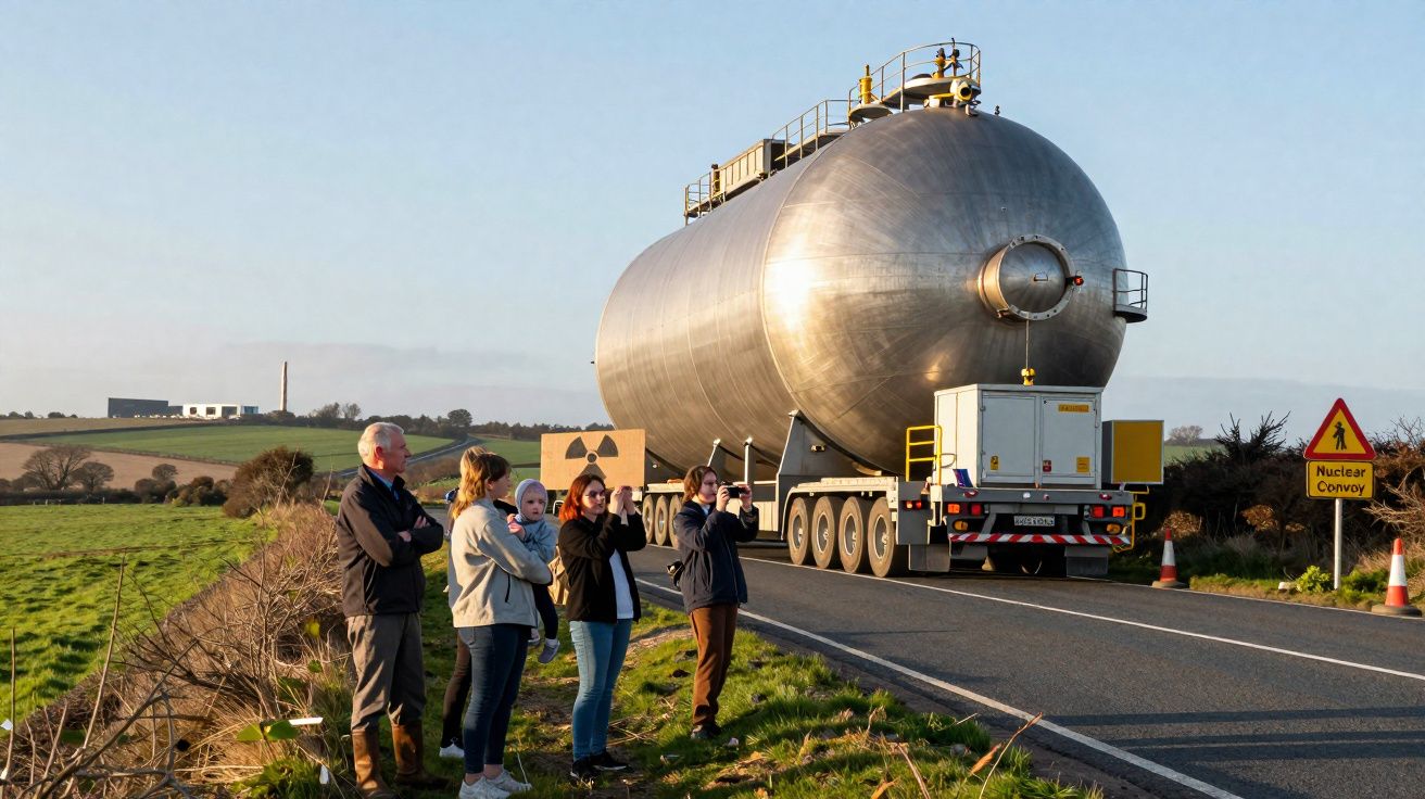 Grupo de pessoas junto a estrada observa transporte de grande cilindro metálico com aviso de radiação.