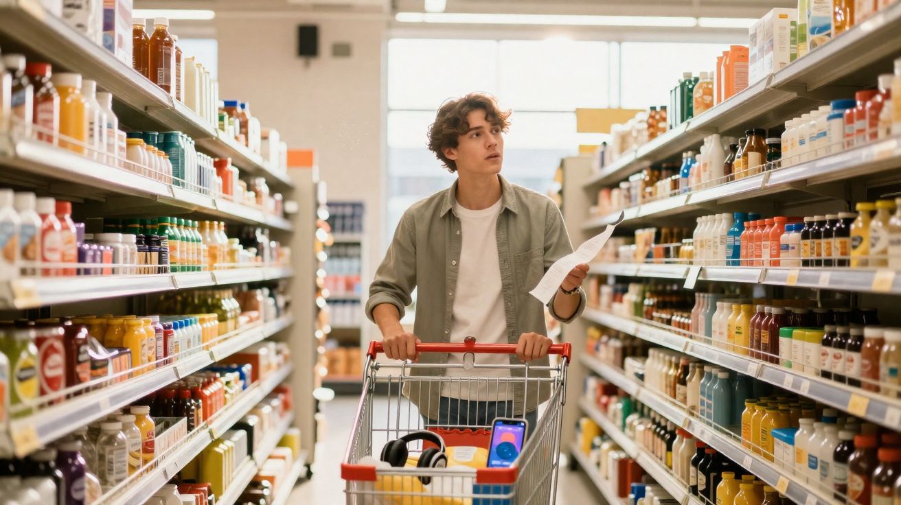 Homem jovem com carrinho de compras verifica lista num corredor de supermercado com prateleiras de bebidas.