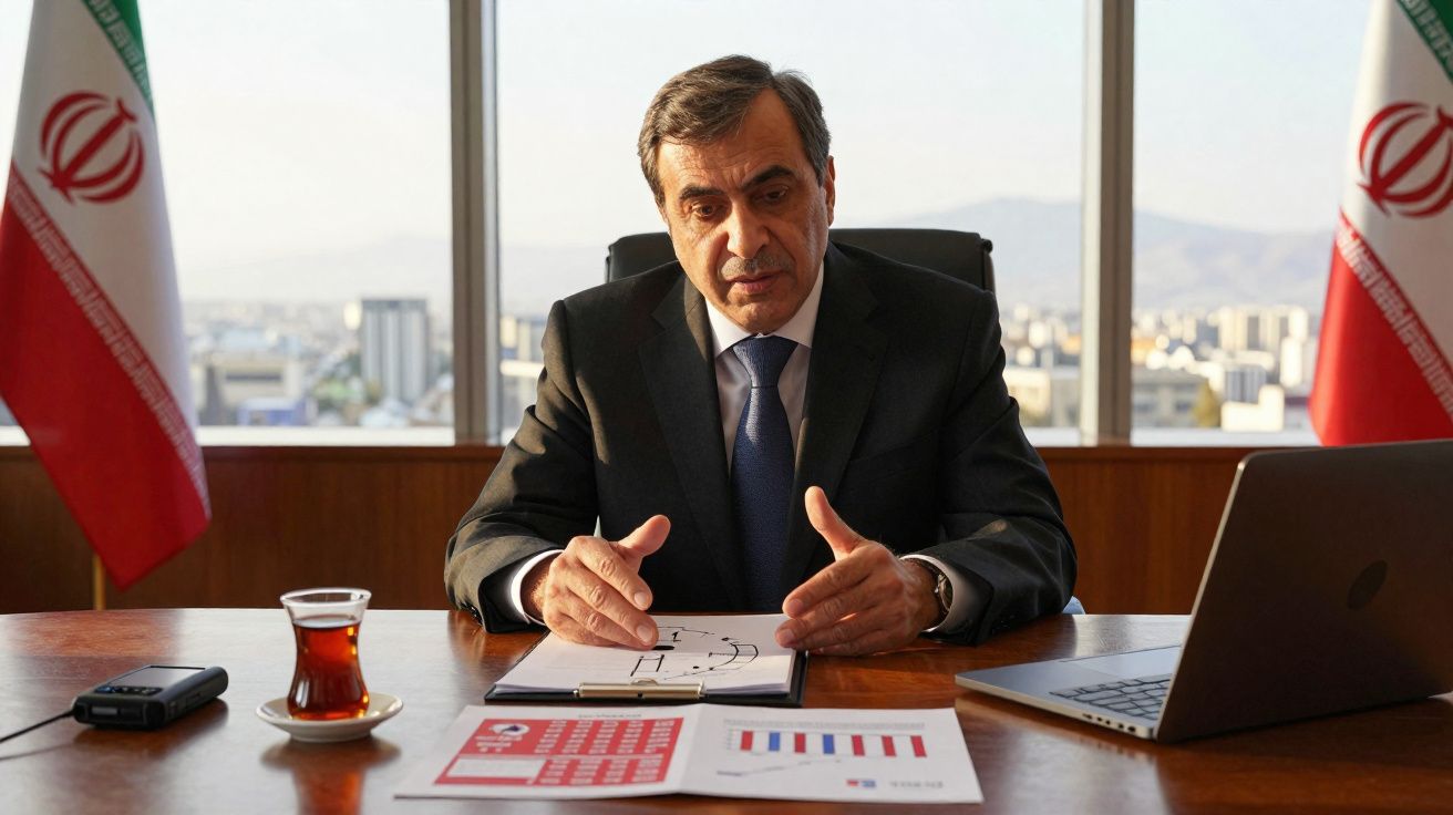 Homem de fato sentado à secretária com gráficos, laptop e chá, bandeiras do Irão ao fundo.