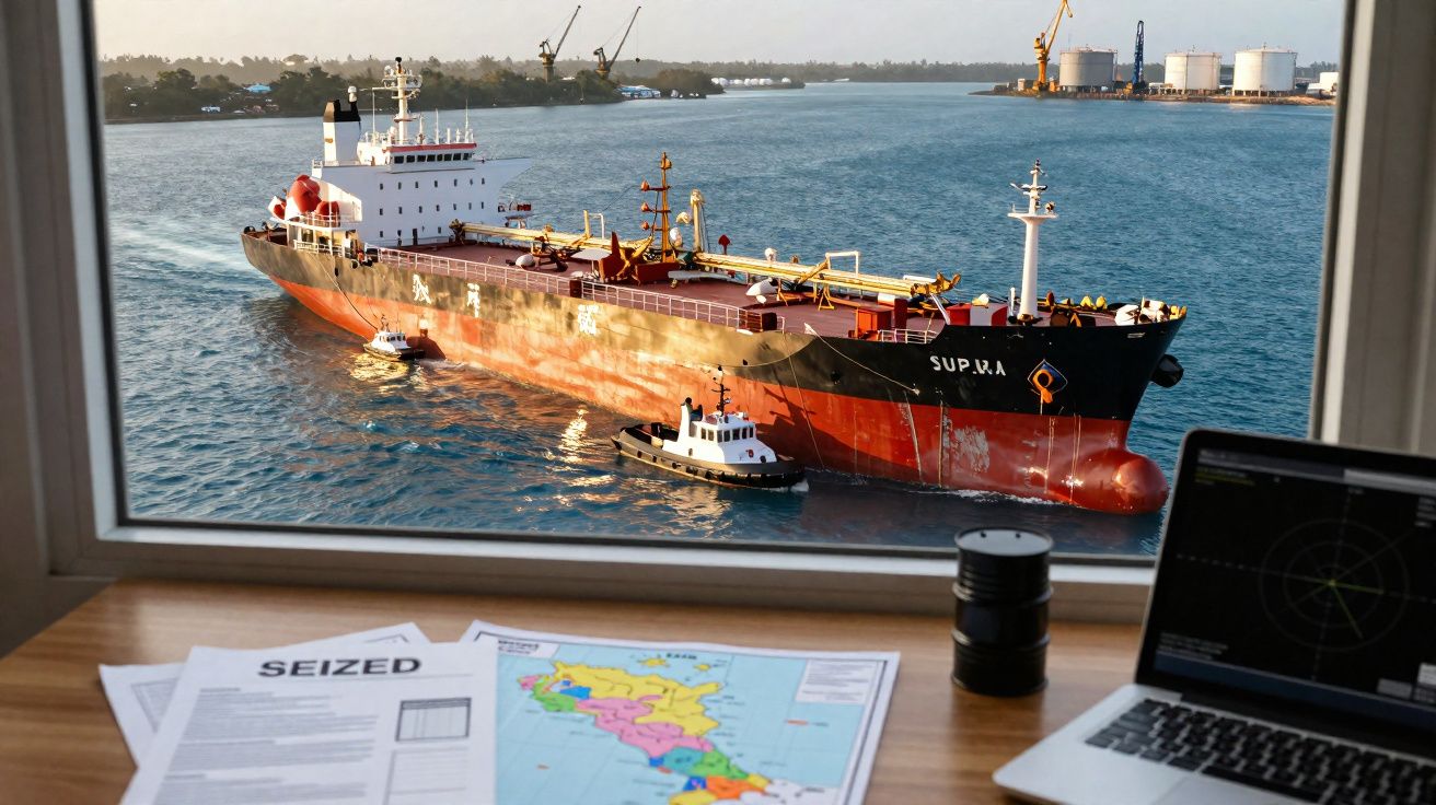 Navio cargueiro vermelho e preto visto de um escritório com mapas e computador.