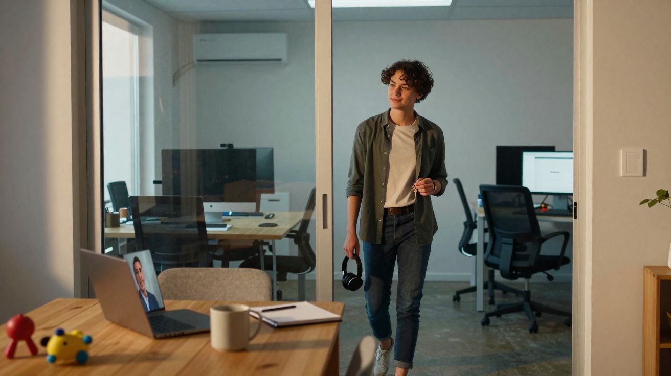 Pessoa a entrar numa sala de escritório com auscultadores na mão, mesa com laptop e caderno em primeiro plano.