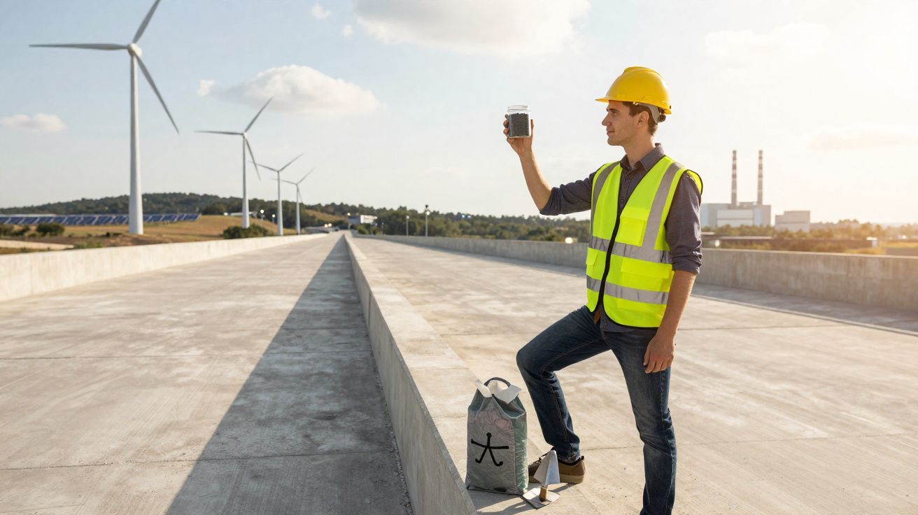 Homem com capacete e colete refletor mede a qualidade do ar junto a turbinas eólicas e painéis solares.