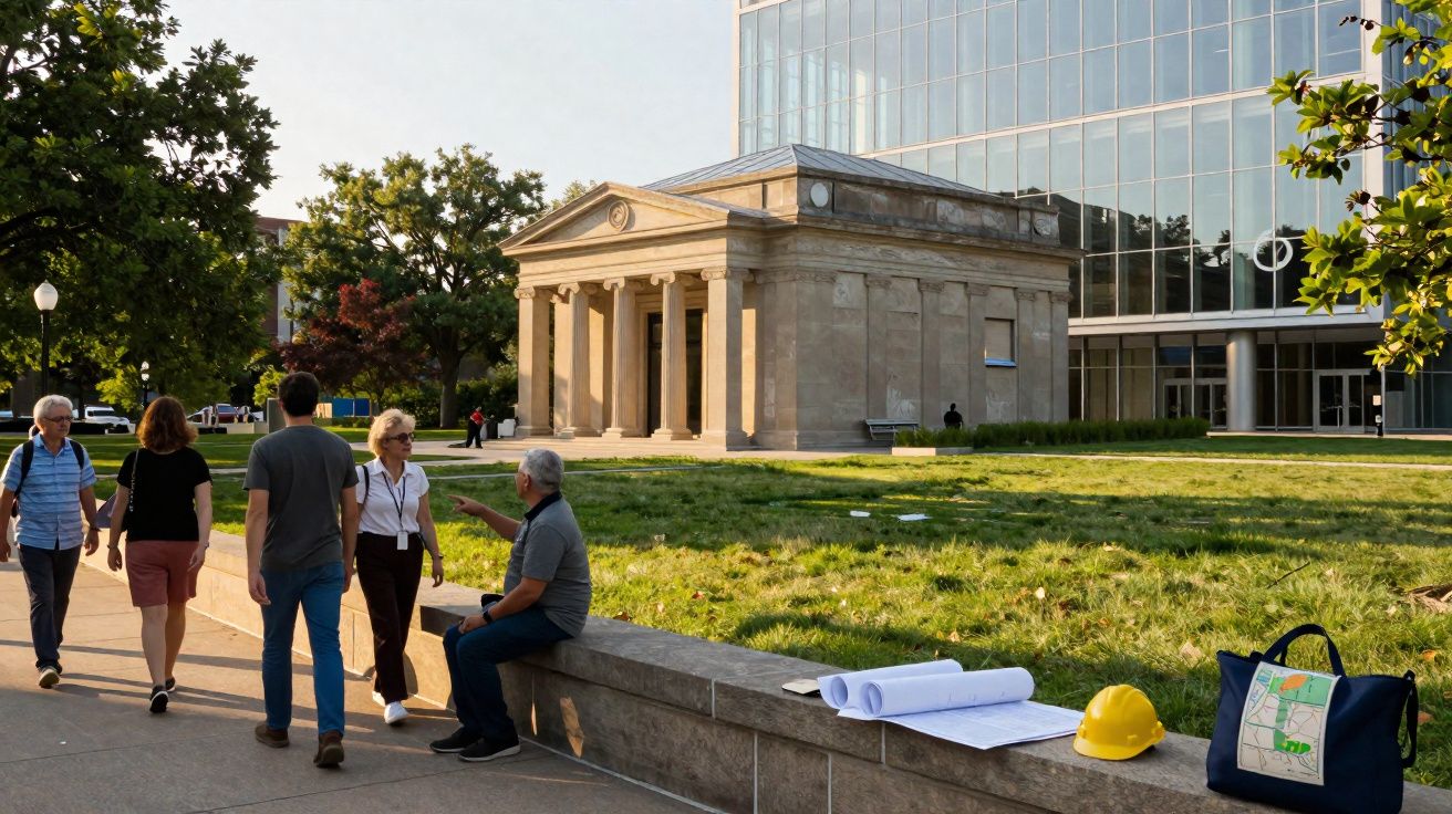 Grupo de pessoas junto a edifício clássico com colunas e documentos com capacete em espaço verde urbano.