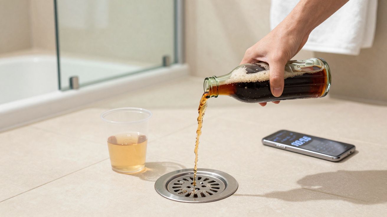 Mão derrama refrigerante numa sanita no chão, próximo de copo de plástico e telemóvel.