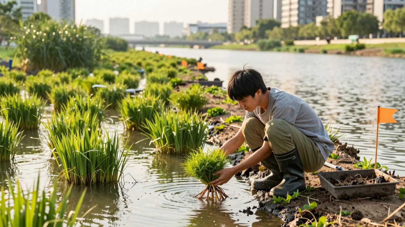 Jovem planta arroz num campo flooded junto a um rio numa área urbana com edifícios ao fundo.