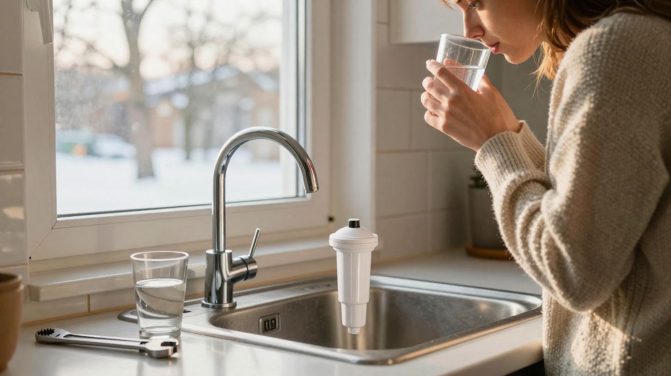 Pessoa a beber água num copo junto a uma pia de cozinha com filtro de água instalado na torneira.