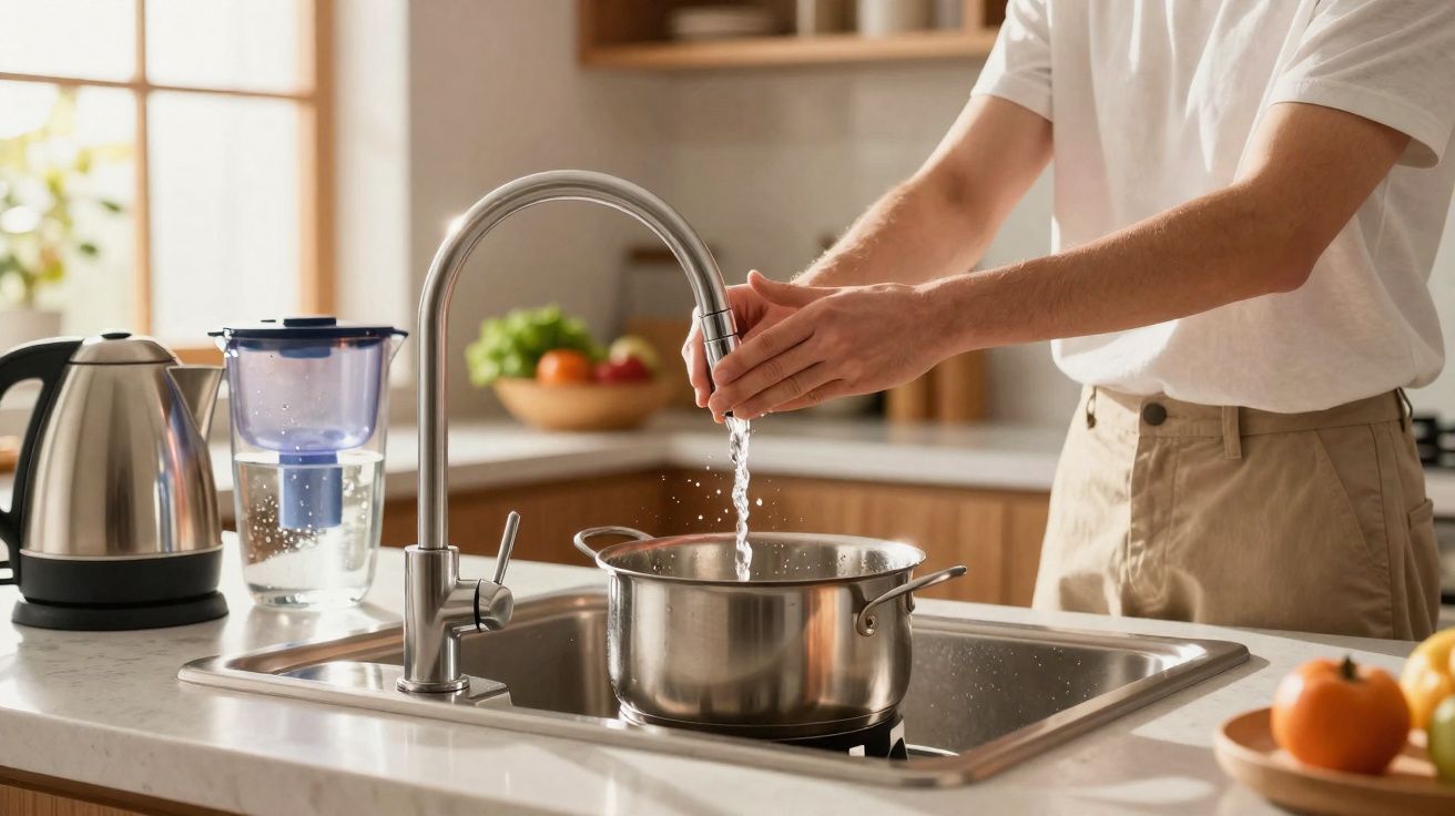 Pessoa a encher uma panela com água na torneira da cozinha moderna.