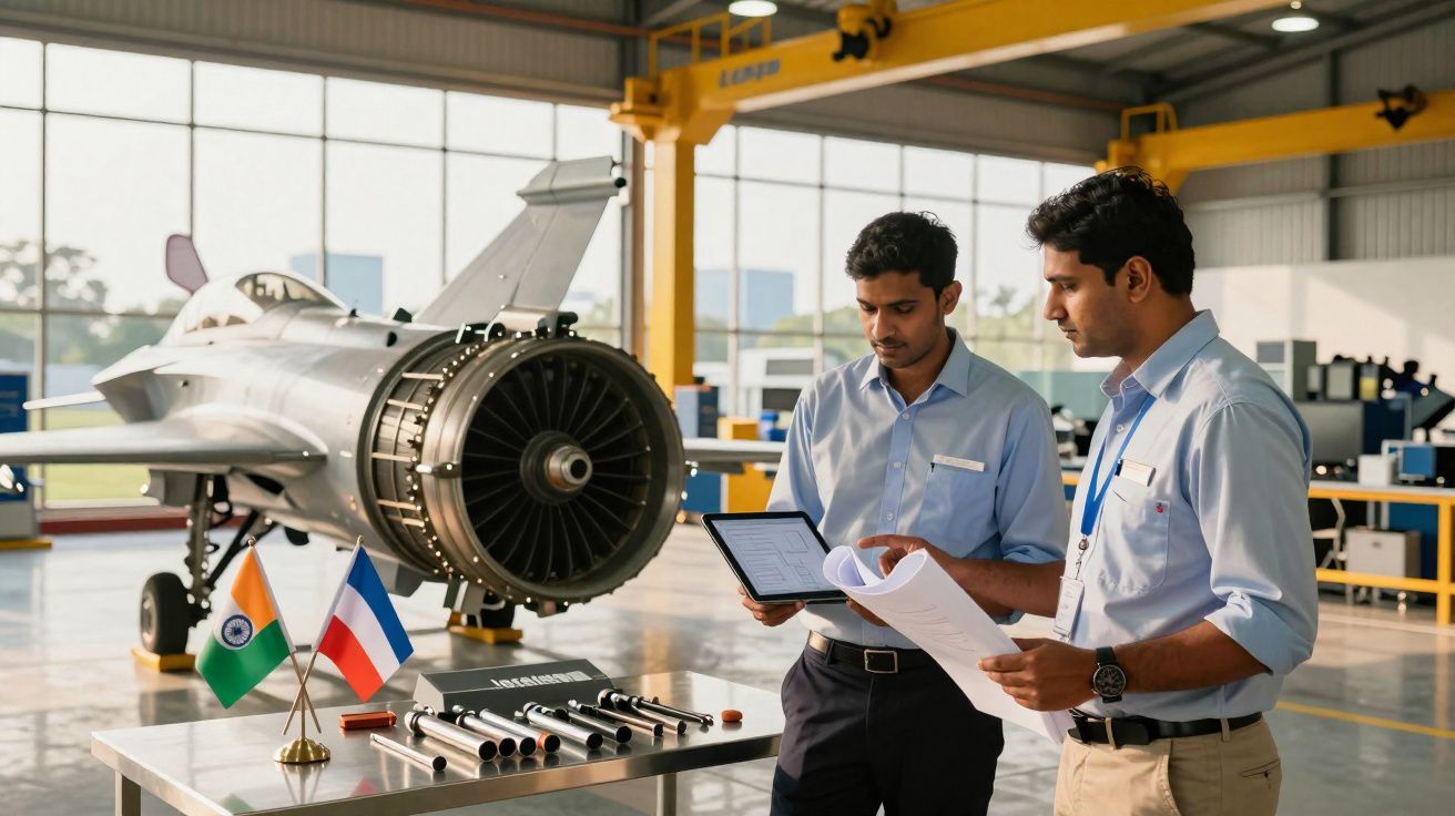 Dois engenheiros analisam documentos junto a uma mesa com peças metálicas, numa oficina com jato militar.